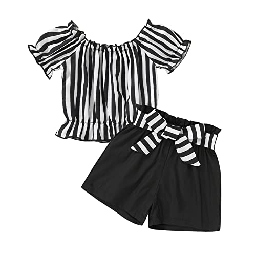 Image of YOUNGER TREE Toddler Baby Girl Summer Clothes Off Shoulder Sling Top Stripes Short Little Girls Casual Clothing Outfit