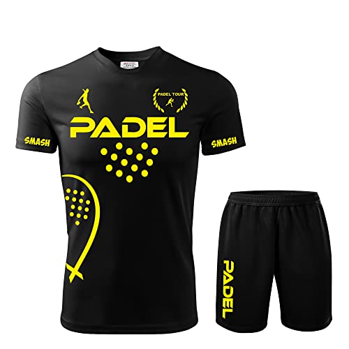 CARATTERISTICHE. La maglietta padel uomo ha manica corta con cuciture flatlock, nastro parasudore al collo e struttura con cuciture laterali. Il pantaloncino possiede un elastico in vita con cordoncino, tasche con cerniere e banda bianca sul lato.