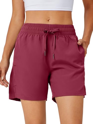 REWKOY 5 Inch Womens Athletic Shorts Basic Gym Workout Shorts Quick Dry Lightweight Running Shorts with Pockets Burgundy M