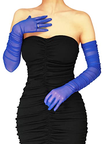 XXDingbs Womens Sexy Sheer Gloves Mesh Tulle Super Long Gloves Opera Halloween Costume Party Dance Glove Royal Blue