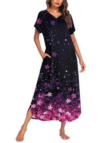 Image of Ekouaer Long Nightgown Women's Loungewear Short Sleeve Sleepwear Full Length Sleep Shirt with Pockets