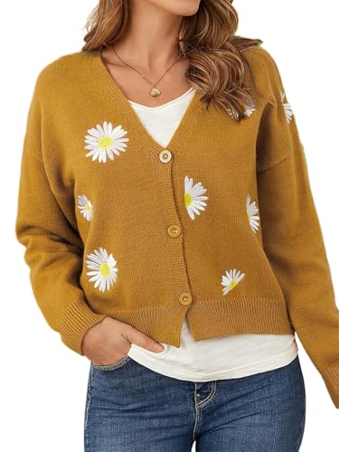 XIAOKS Women's Floral Print Long Sleeve Open Front Cardigan Cute Sunflower Daisy Knit Sweater Coat Casual Button Down Outerwear(Yellow,XL)