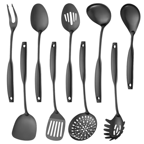Lazycorner Kitchen Utensil Set 9-Piece Stainless Steel 304 Polished Mirror Finish Cooking Spoons, Slotted Spoon, Turner, Spatula, Pasta Spoon– Dishwasher Safe, Rust-Resistant