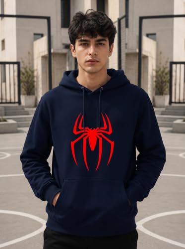 Image of More & More HOODMASTER Men's Cotton Hoodie Sweatshirt with Full Sleeves Regular Fit Solid Pattern Spider Printed Theme Hooded Neck and Standard Length | Cotton Hoodie Sweatshirt for Men