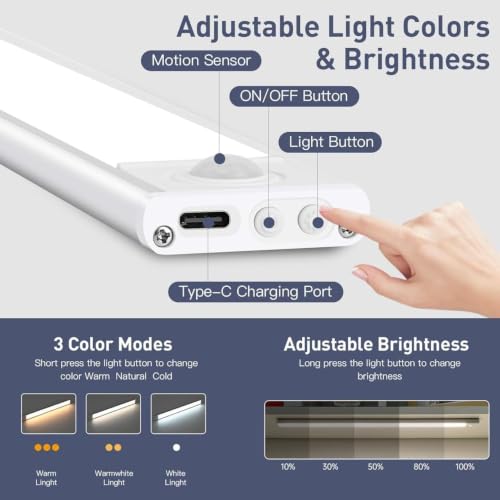 Image of FLYNGO Motion Sensor Under Cabinet LED Light, 3 Color Modes Closet Light with Stepless Dimming for Kitchen, Cabinet, Wardrobe, Bedroom, Cupboard (30CM - Pack of 2)