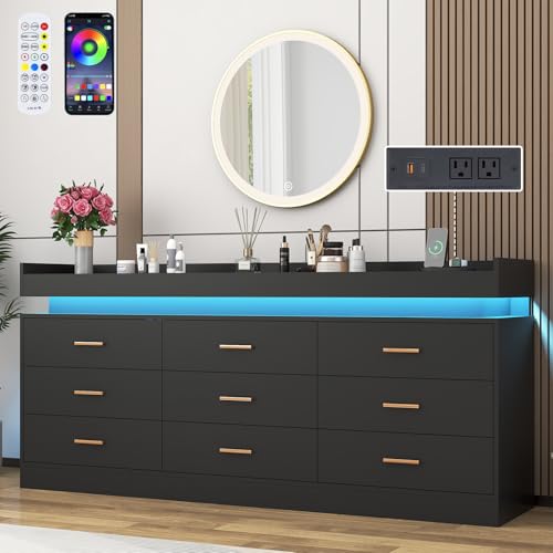 Image of Hlivelood 9 Drawer Dresser with LED Light and Charging Station, 63 inch Modern Chest of Drawers for Closet, Wide Drawer Organizer Cabinet for Bedroom, Living Room, Entryway, Hallway, Black