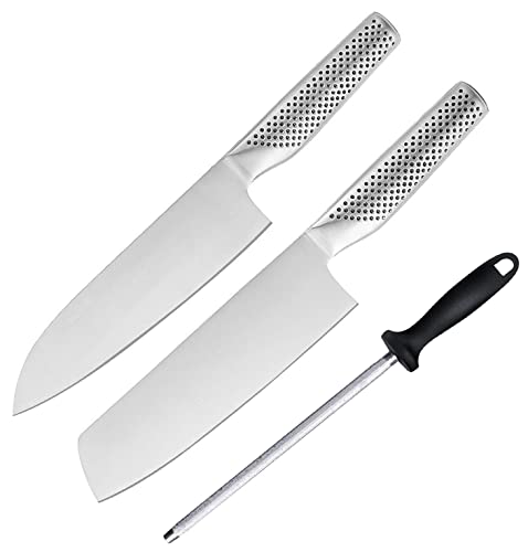 pepplo Professional Meat Knife Stainless Steel Sharp Paring Knife Cutting Chopping Carving Knives Meat Cleaver Butcher Knife Carbon Steel Knife Sharpening Steel(Medium+Big+Sharpner_B)