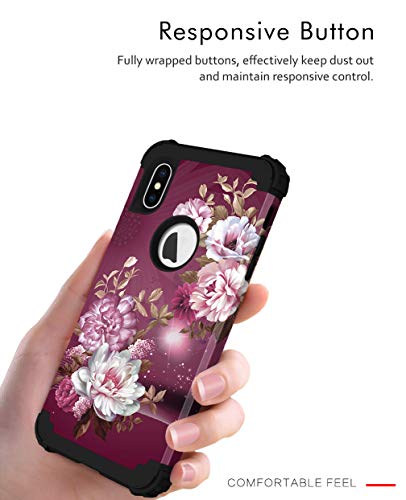 Hocase For Iphone Xs Max Case, Heavy Duty Shockproof Protection Soft Silicone Rubber Bumper + Hard Plastic Hybrid Protective Case For Iphone Xs Max (6.5-Inch Display) 2018 - Burgundy Flowers #TOP6