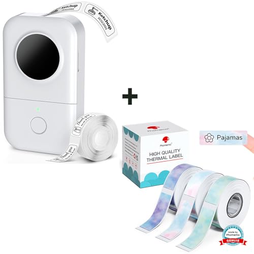 Image of Phomemo D30 Label Maker with 4 Tapes - Black on Colorful Star Patterns Label Tape, Mini Bluetooth Label Printer, Portable Smart Phone Handheld Sticker Labeler Inkless Rechargeable BPA-Free