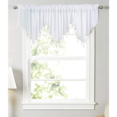 Swag Curtain 63 inch Length, Rod Pocket Scalloped Curtain Valance Sheer Lace Panels with Hanging Crystal Beads for Farmhouse Kitchen Bedroom Window Treatments Drape Decor 1 pc(63inch, White) Cover