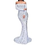 V/A Women Off Shoulder Backless Long Sleeve Floor Length Sequin Wedding Evening Party Maxi Dress...