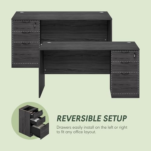Image of Furinno Roger 60 Inch Executive Desk with File Cabinet, Home Office Desk with 3-Drawer Fixed Pedestal Filing Cabinet, Desk Cord Grommet, for Home Office, Antique Grey