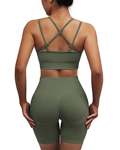 Omkagi Workout Sets For Women Seamless Strappy Sports Bra Butt Lifting Workout Shorts Leggings 2 Piece Gym Outfits(M,4-Army Green) #TOP19