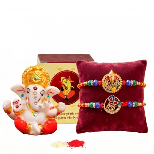 Image of TIED RIBBONS Rakhi Gift for Brother - Pack of 2 Designer Rakhi with Mini Ganesh Idol Figurine and Roli Tika - Rakhi for Brother