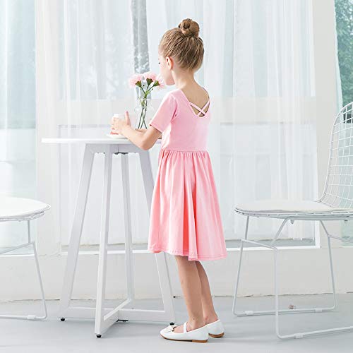 Stelle Toddler/Girls Short Sleeve Casual A-Line Twirly Skater Dress For School Party 3-12 Years(Pink-7 Years) #TOP3