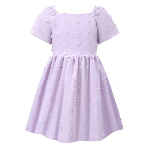 Image of HILEELANG Girls Summer Dress Bow Tie Back A-Line Party Dress for Little Big Girls Short Sleeve Dress with Lining 6-12 Years