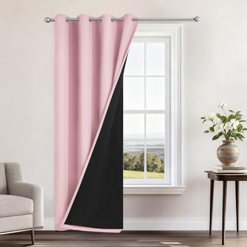 Image of Yakamok Pink Blackout Curtains 84 Inches Long for Bedroom 52 inch Wide 1 Panel | Blackout Curtain Panels for Bedroom, 2 Thick Layers Grommet Top Thermal Insulated Drapes with Black Liner for Living Room