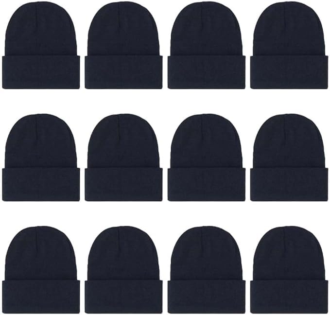 12 Packs Kids Beanies Winter Hats Warm Variety Pack, Assorted Colors Cuffed Knit Caps for Boys Girls Wholesale Black