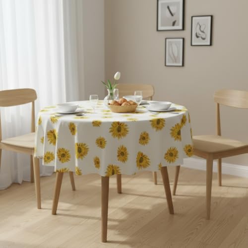 Image of HOMEMONDE 100% Cotton Premium Dining Round Table Cover, 45 x 45 Inches Floral Printed Table Cloth 4 Seater, Round Table Cover - (114 x 114 CM, Sun Flower - Multicolor)