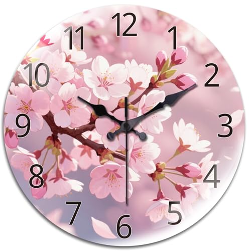 peacoblue Wall Clocks Battery Operated 12 Inch Cherry Blossom Glass Round Wall Clock Non Ticking for Kitchen Living Room Dining Room Bedroom and Bathroom Decor Accessories (Battery not Included)