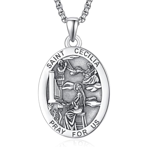 ADMETUS St Cecilia Medal Sterling Silver Saint Cecilia Medal Medallion St Cecilia Necklace Saint Cecilia Pendant Necklace Jewelry Religious Gifts for Men