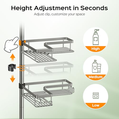 Image of HAMITOR Shower Organizer Tension Pole: 4 Tier L-Shaped Corner Bath Shelf | Rustproof Corner Caddy with Soap Holder & Hooks, No-drill Adjustable Bathroom Rack for Apartment, Small Spaces, 47-123In