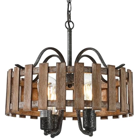 wochos 4-Light Farmhouse Wood Chandelier Light Fixture, 16.5'' Rustic Industrial Drum Hanging Pendant Lighting for Kitchen Island Dining Room Entryway Cover