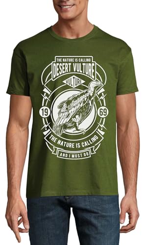 T-shirt en coton Desert Vulture vert chasseur col rond motif nature pour homme style outdoor