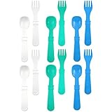 RE-PLAY Made in The USA Fork and Spoon Utensil Set for Easy Baby, Toddler, and Child Feeding in Aqua, White, and Sky Blue | Made from Eco Friendly Recycled Milk Jugs | BPA Free| Cool Breeze (12pk)