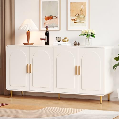 ONBRILL 60' Sideboard Buffet Cabinet, Large Credenza Storage Cabinet, Modern Console Table with Doors and Shelves, White Coffee Bar for Living Dining Room Kitchen Hallway