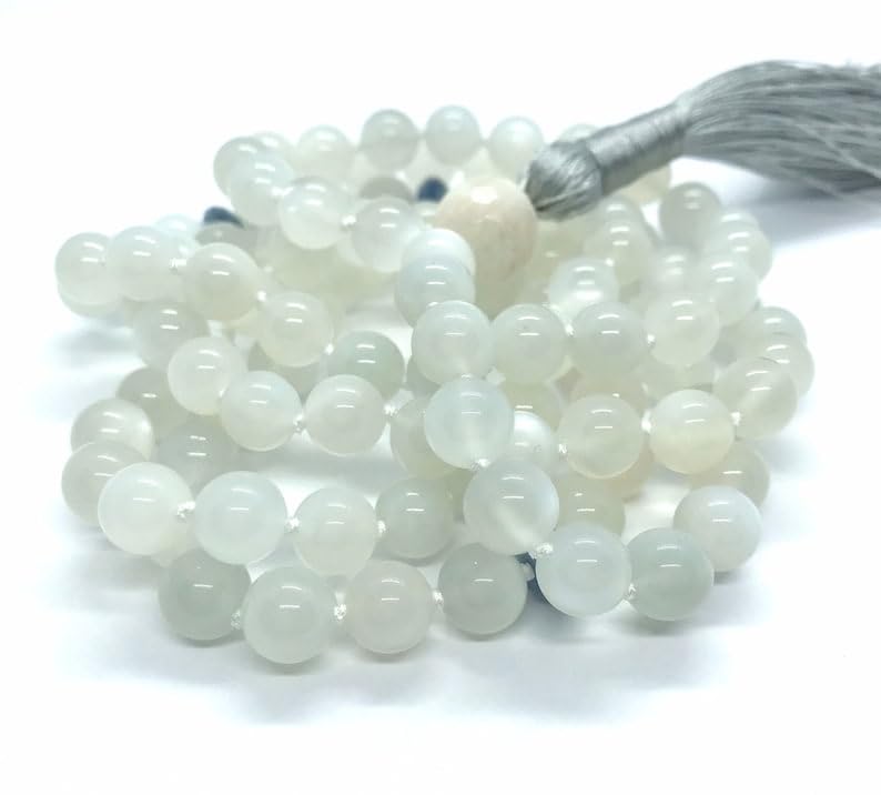 Naturalny biały błyszczący mleczny kamień księżycowy, cyjanit 8–12 mm 108 koralików mala, duchowe, koraliki do medytacji, Reiki, Japa Mala, buddyjskie koraliki modlitewne, bransoletka do jogi,