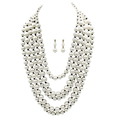 Layered Imitation Pearl Beaded Statement Necklace And Earrings Set (5 Row White Black Thread)