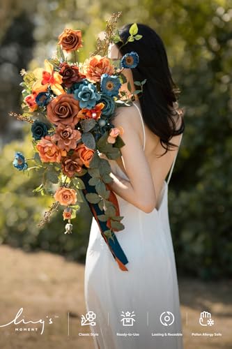Ling’s moment Teal Brautstrauß Kaskadierend, gebrannte orange Hochzeitssträuße für die Braut, 13 Zoll Terrakotta Rost Herbst Künstlicher Hochzeitsblumenstrauß