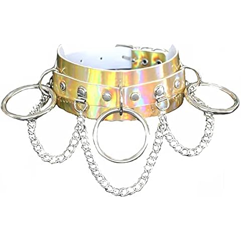 Fashionsupermarket Unique Halloween Sexy Hologram Holographic Leather Chokers,Gothic Ring Pendant Chokers for Night Wearing Club Cosplay (gold) Cover