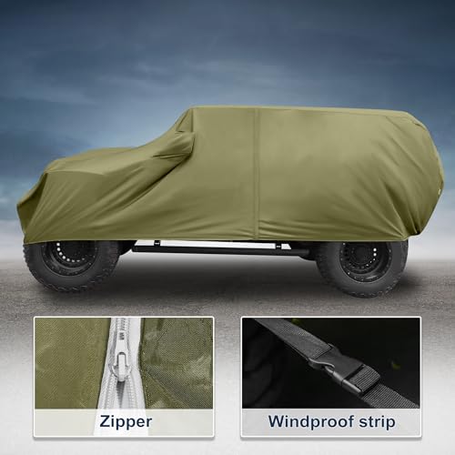 Image of Car Cover Waterproof All Weather with Driver Door Zipper for Jeep Wrangler JK JL 4 Door 2007-2021 / Full Exterior Cover /Durable 210D Oxford Cloth / 1Pcs Dark Green