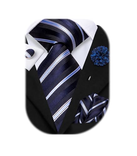 Image of Hi-Tie Mens Paisley Floral Striped Ties Set Silk Necktie and Lapel Pin for Men Pocket Square Cufflinks Set Business Wedding