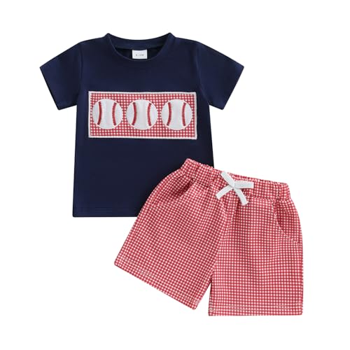 Image of PUHHAPIEY Toddler Baby Boy Clothes Summer Outfits Embroidery Trucks Smocked Shirt T-Shirt + Gingham Shorts 1T 2T 3T