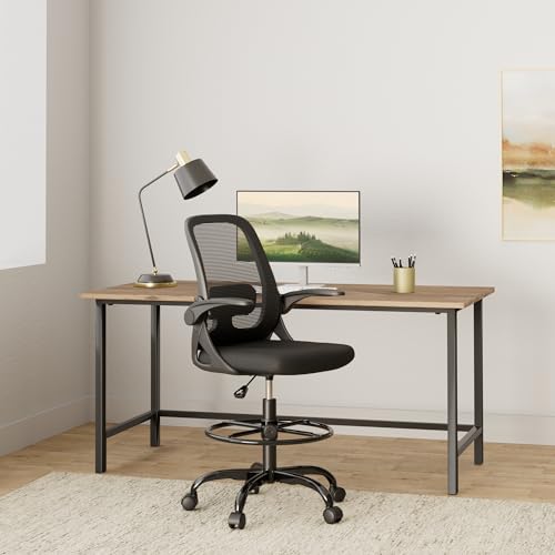 Winrise Drafting Chair Tall Office Chair Ergonomic Desk Chairs with Lumbar Support and Flip-up Armrests, Adjustable Height Comfy Computer Chair with Swivel Task and Adjustable Foot Ring(Black)
