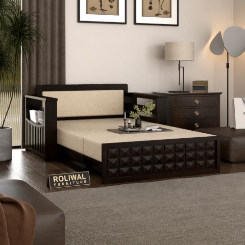 Image of Solid Sheesham Wood Sofa Cums Bed with Mattress & Storage | Rosewood Convertible Sofa Bed for Living Room & Bedroom (D-Walnut, 2 Seater)