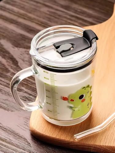 Image of ANKUL Leakproof Random Design Set of 2 Glass Measuring Drinking Mug 350 ml with Handle and Clear Lid with Silicone Straw for Girls & Boys Multiple Usage (2, Kid Mug)
