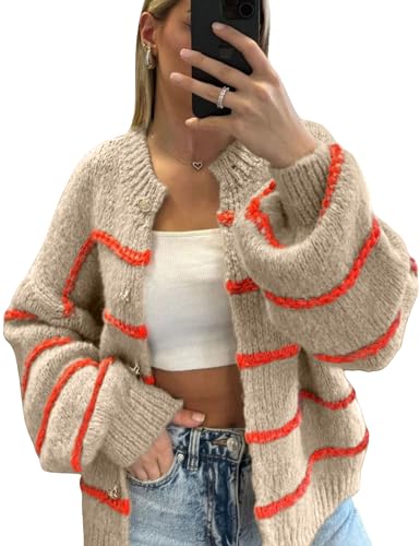 Image of QIBABU Womens Striped Cardigan Sweaters Casual Open Front Long Sleeve Button Down Knit Outwear