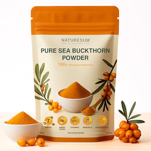 Image of Naturesum Central Asian Sea Buckthorn Berry Powder 100% Organic (500g) Rich in Omega 3, 6, 7, 9, Vitamin C, E & 18 Amino Acid, Strong Antioxidant for Skin Glow, Immunity, Gut & Heart Health