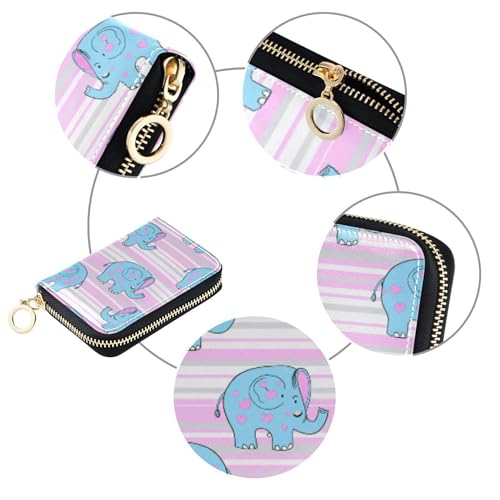 RFID Blocking Credit Card Holder Wallet for Women Leather Small Zipper Card and Cash Holder Picture Blue Elephants Hearts Pink4