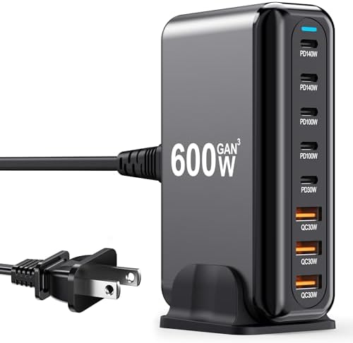 600W USB C Charger 100W USB C Charger Block, GaN III 8-Port Fast Charging Station Hub,PD 3.1 140W Laptop Charger Adapter Compatible with MacBook Pro/Air,DELL,Steam Deck,iPhone 16/15/14,Galaxy S25