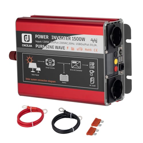 CNCEJIA Inversor de corriente de 1500 W, 12 V a 230 V, con 2 puertos USB, 2 enchufes LCD, para coche, autocaravana, camping (rojo)