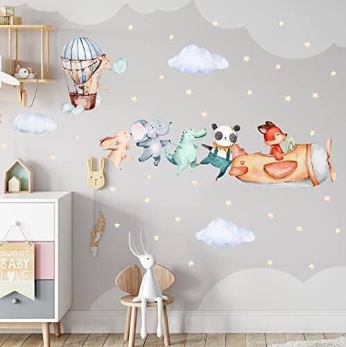 TOARTi Woodland Funny Animals Wall Stickers for Nursery Wall,Airplane Flying in The Sky Yellow Stars Wall Decals,Elephant Panda Giraffe Rabbit Crocodile Wall Art Stickers for Baby Kids Bedroom Decor