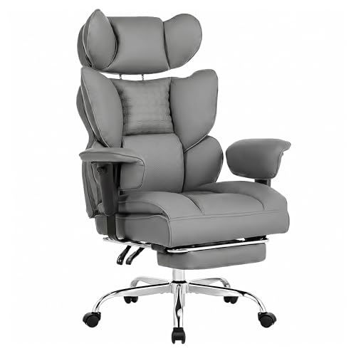 Image of Big and Tall Ergonomic Office Chair,400 LBS,High Back Reclining PU Leather Gaming Chair with Footrest, Adjustable Armrests, Lumbar Support, Executive Desk Chair for Home Office, Grey
