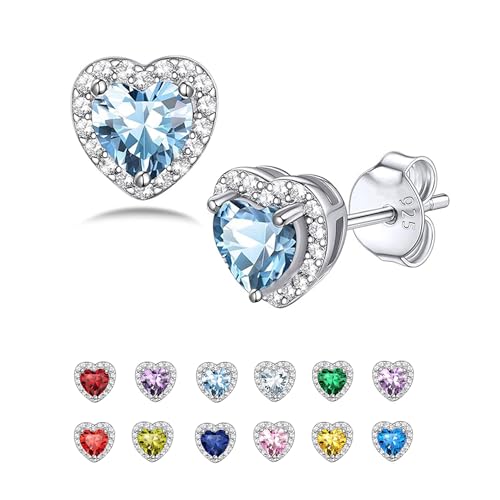 Seleneva Birthstone Stud Earrings for Women Sterling Silver Dainty Earring Crystal Zirconia Stud Earrings Birthday Christmas Valentine's Day Jewellery Gifts for Mum Sisters Girlfriend (Mar.)