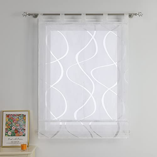 CORLIF Roman Blind Burnout Curtains Kitchen Roman Curtains Country House Transparent Loop Blind with Wave Pattern Short Curtain Modern Blinds with Loops White W x H 120 x 140 cm 1 Piece - Image 2