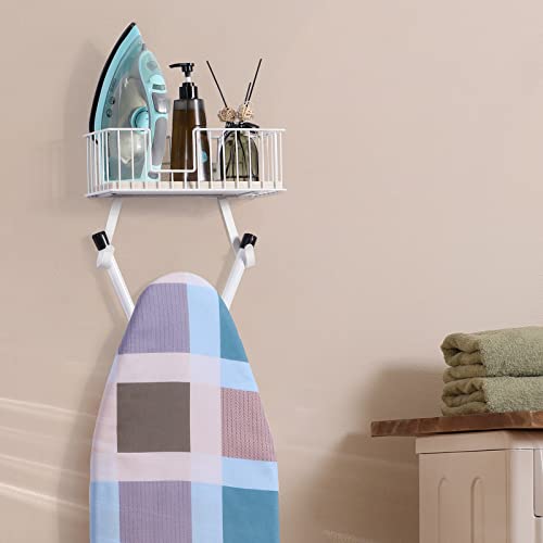 White Iron Board Hanger Wall Mount Ironing Board Holder For T And Y Leg Metal Iron Hanger Shelf With Wood Storage Basket & Hooks Laundry Room Iron Accessories Organizer Rack For Iron And Ironing Board #TOP3